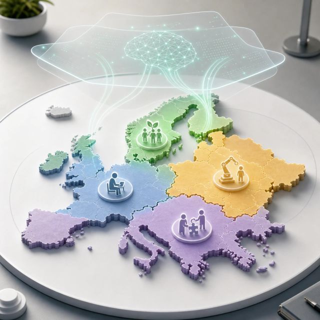 A map of Europe divided into four colored work-transition zones under an AI analysis layer