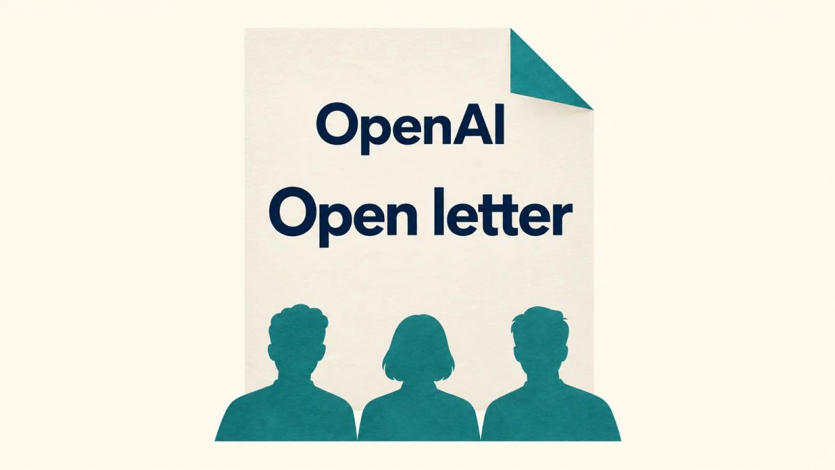 Illustrated sheet labeled OpenAI and Open letter above three teal human silhouettes
