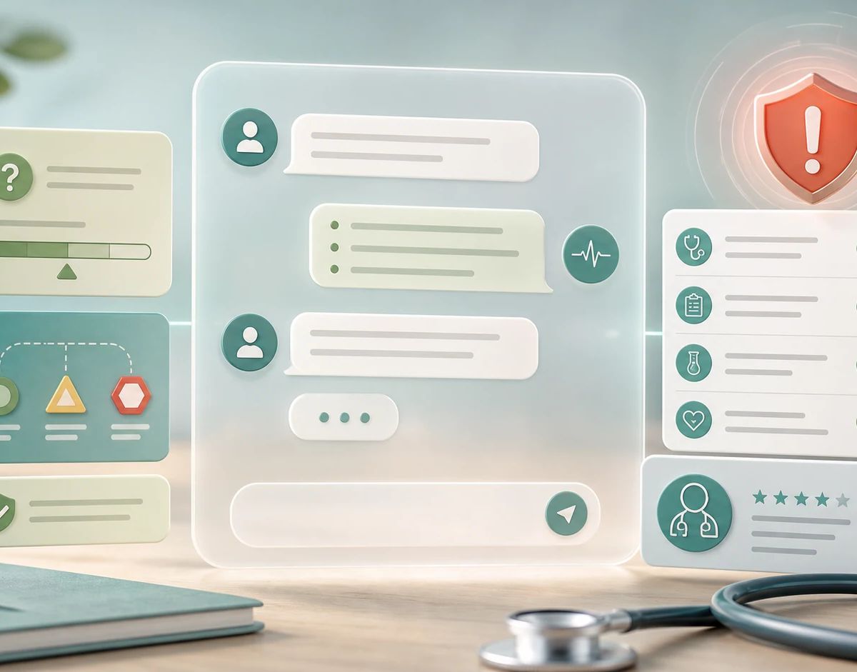 An abstract health chat panel surrounded by physician review cards, safety markers, and a stethoscope on a clean desk