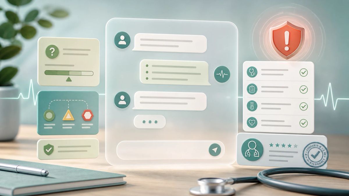 An abstract health chat panel surrounded by physician review cards, safety markers, and a stethoscope on a clean desk