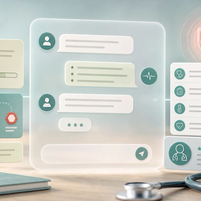 An abstract health chat panel surrounded by physician review cards, safety markers, and a stethoscope on a clean desk