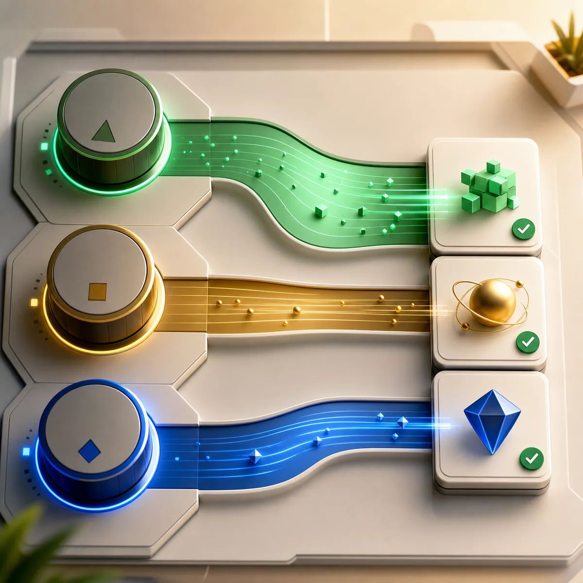 Three model-routing lanes on an operations table show low-cost, balanced, and fast AI work paths