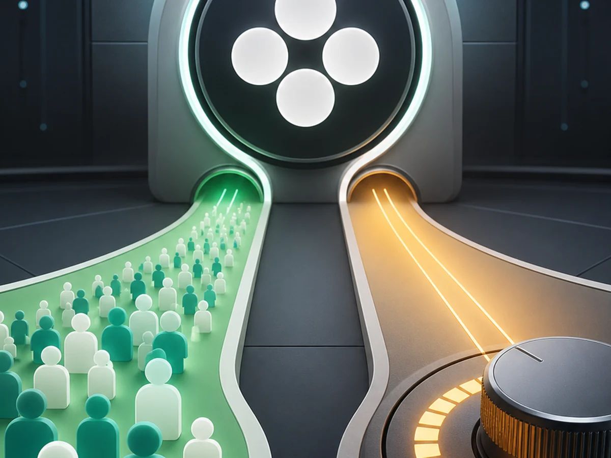 A model access control room shows one path widening for free users and another path adding a reasoning dial