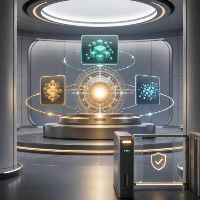 A bright solar model core is held behind a transparent safety gate