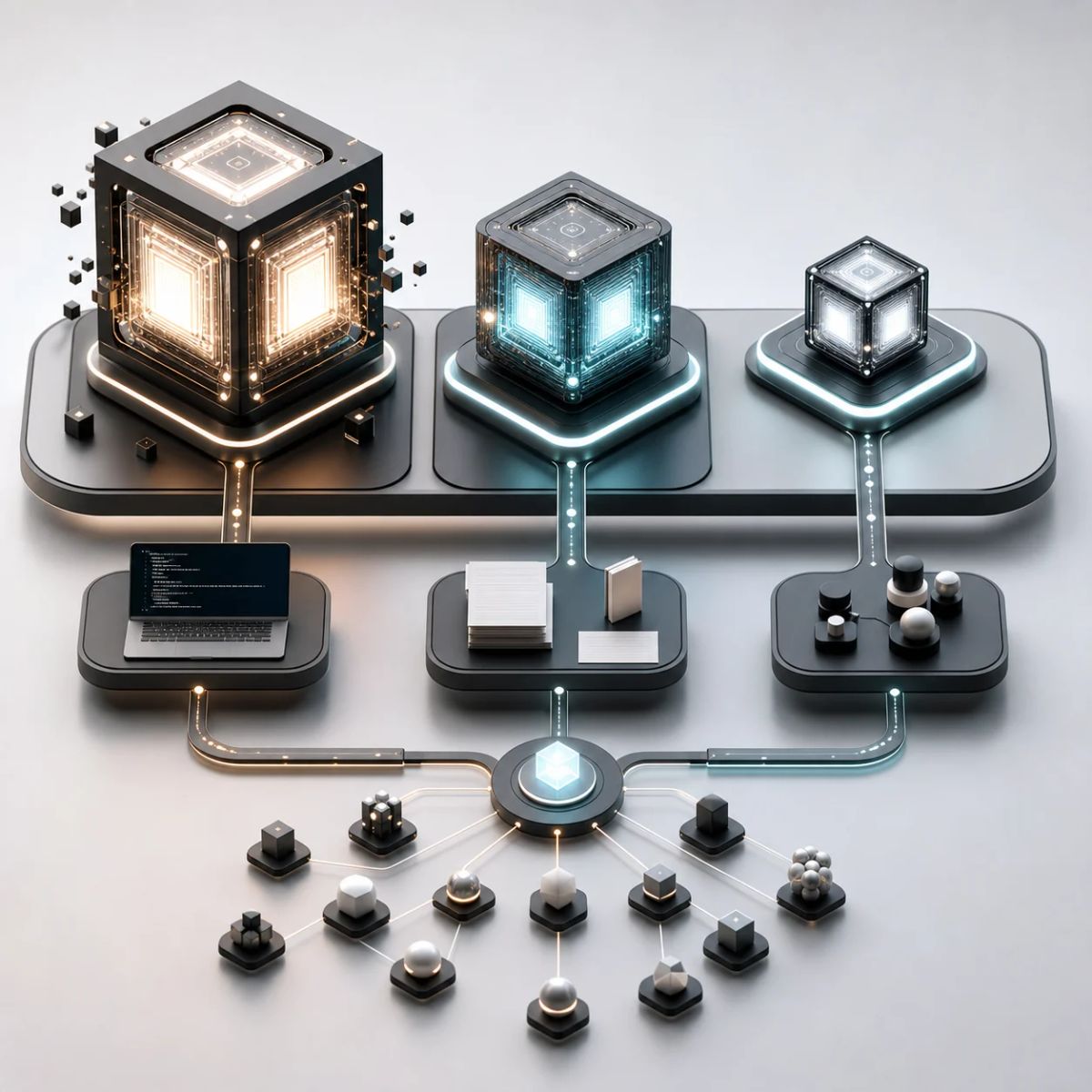 Three abstract AI model cores route work through tools, documents, and code surfaces