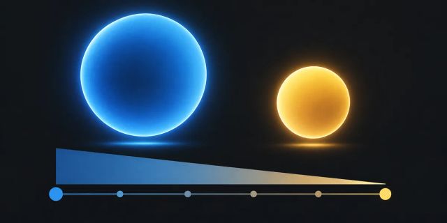 Graphic illustration of two glowing circles above a declining cost scale