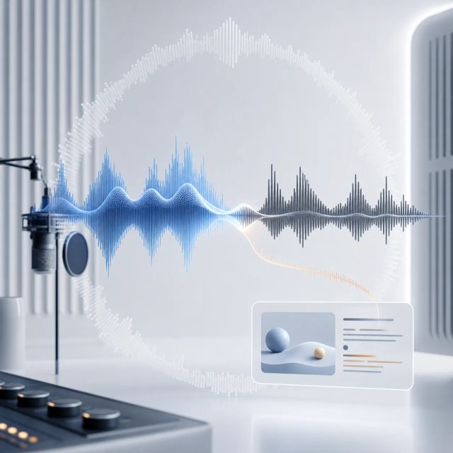 A translucent soundwave loop splits into a live conversation path and a quieter background reasoning path
