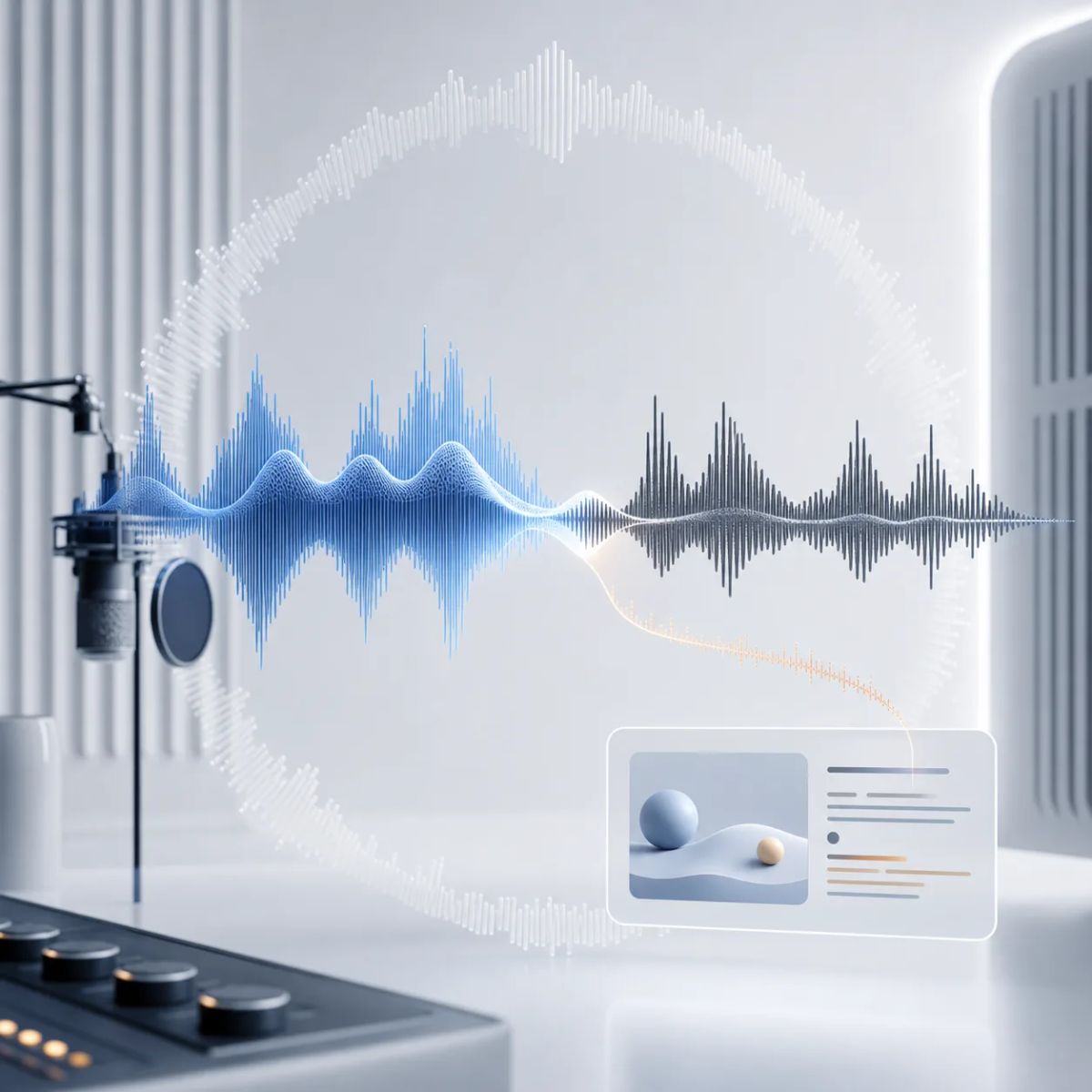 A translucent soundwave loop splits into a live conversation path and a quieter background reasoning path