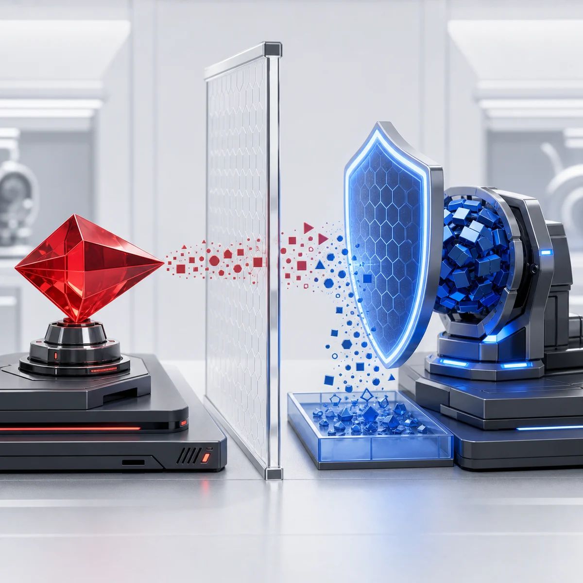 A red testing prism sends abstract signals through a safety screen toward a shielded model core