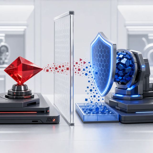 A red testing prism sends abstract signals through a safety screen toward a shielded model core