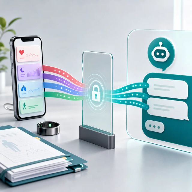 A private health dashboard connects medical records, wearable data, and a ChatGPT conversation on a secure clinical desk