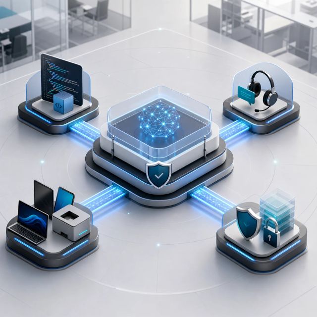 A governed enterprise AI hub connects code, support, devices, and security workflows