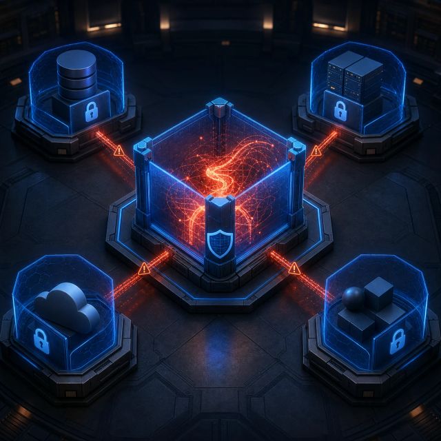 A security containment system surrounds four service vaults connected to an AI agent trace