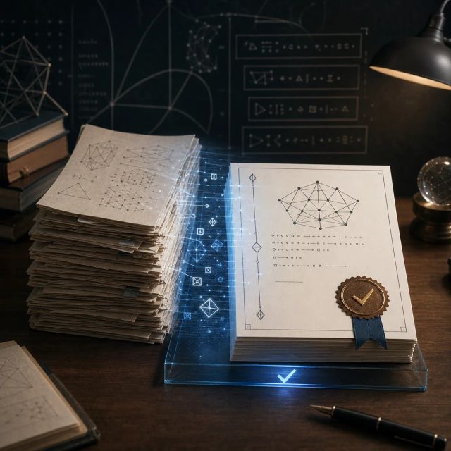 Mathematical proof pages become verified geometric certificates on a quiet research desk