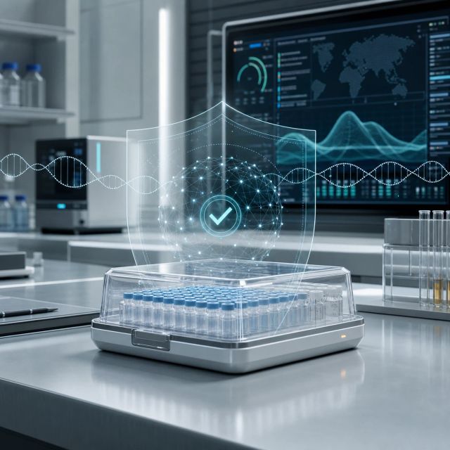 A generated editorial image of a secure laboratory sample tray with genomic data overlays