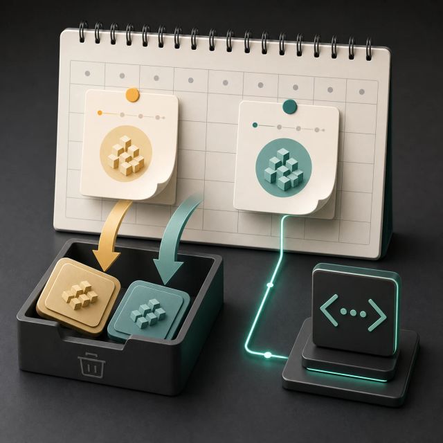 A calendar with two abstract AI model tiles moving into an archive tray while a separate developer terminal path stays active