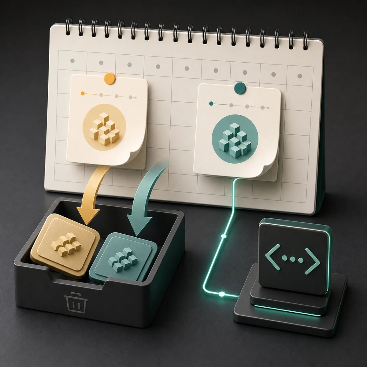 A calendar with two abstract AI model tiles moving into an archive tray while a separate developer terminal path stays active