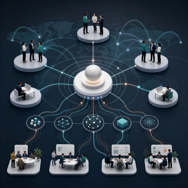 Generated editorial illustration of an enterprise AI partner network connected around a central hub