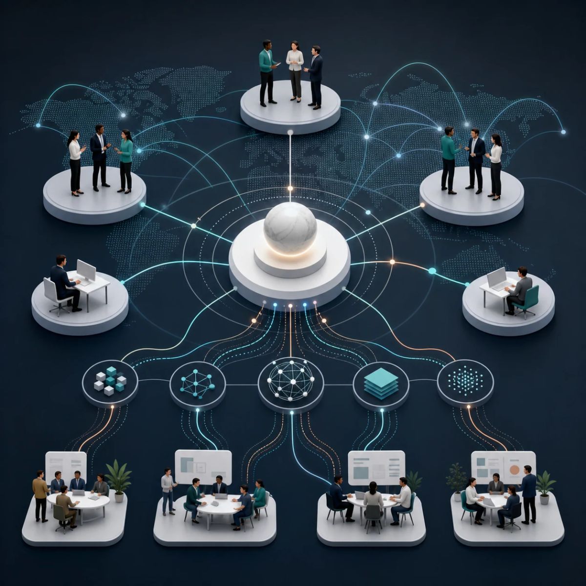Generated editorial illustration of an enterprise AI partner network connected around a central hub