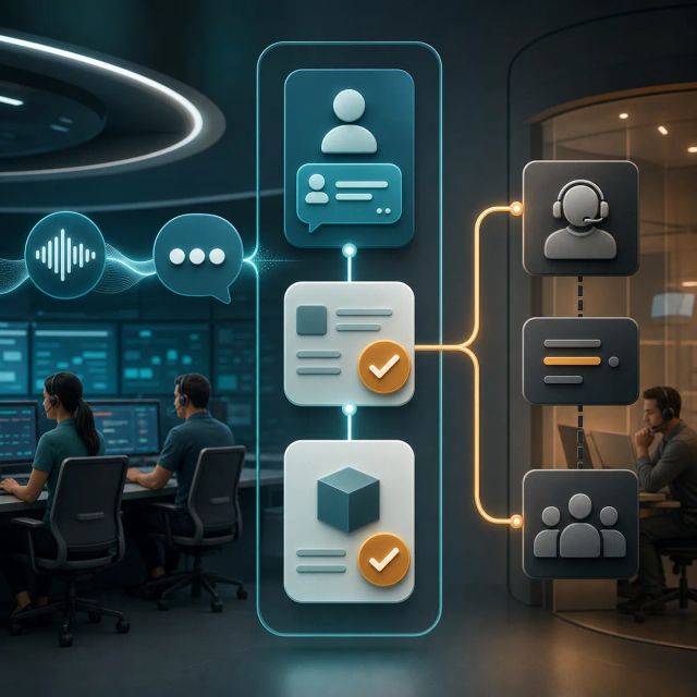 Enterprise voice and chat agent workflows move through approval, analytics, and customer support systems