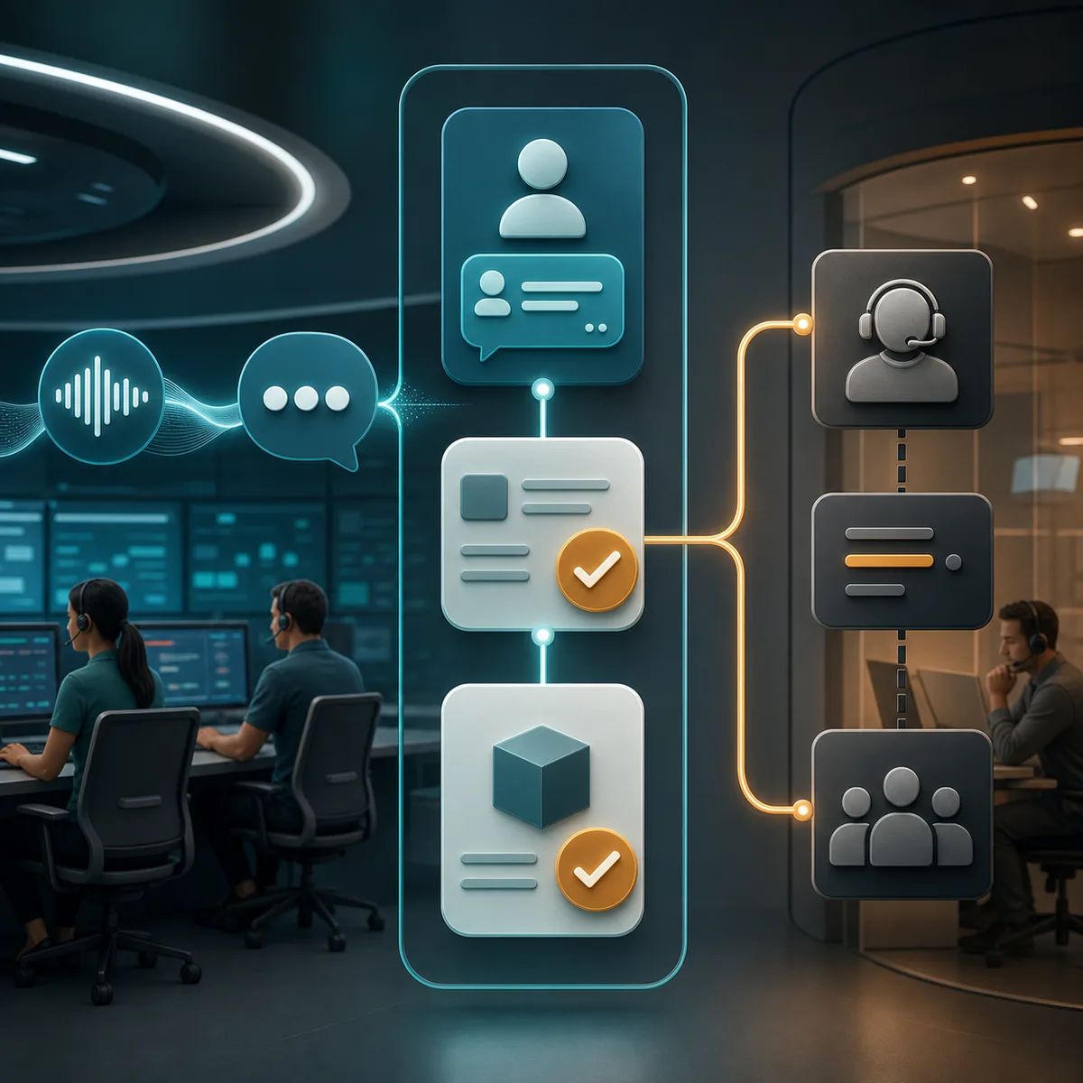 Enterprise voice and chat agent workflows move through approval, analytics, and customer support systems