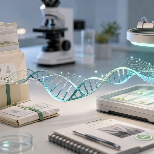 A clinical genetics lab desk with archived case folders, an abstract DNA strand, and verified case cards moving through a review station