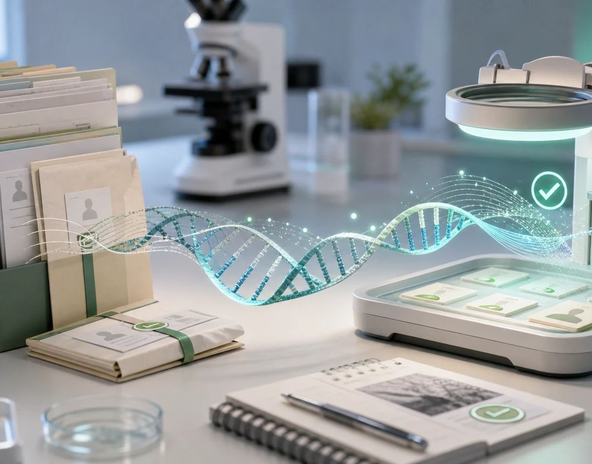 A clinical genetics lab desk with archived case folders, an abstract DNA strand, and verified case cards moving through a review station