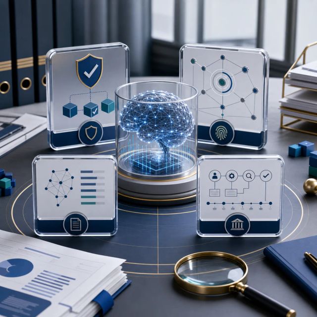 A transparent AI model core is surrounded by safety, provenance, documentation, and audit artifacts