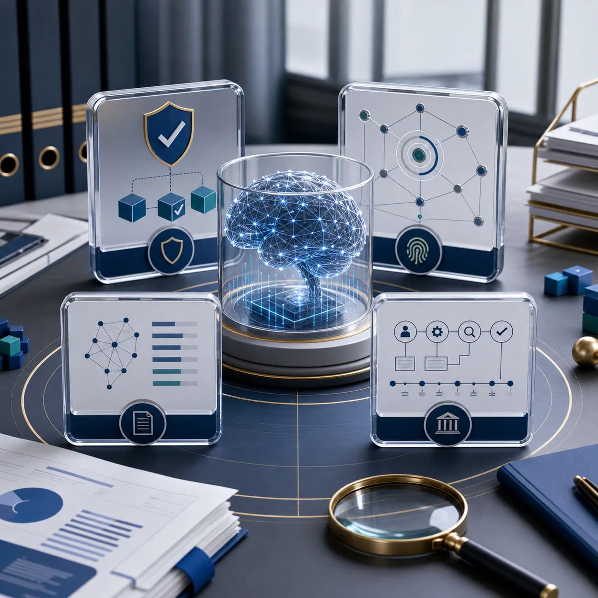 A transparent AI model core is surrounded by safety, provenance, documentation, and audit artifacts