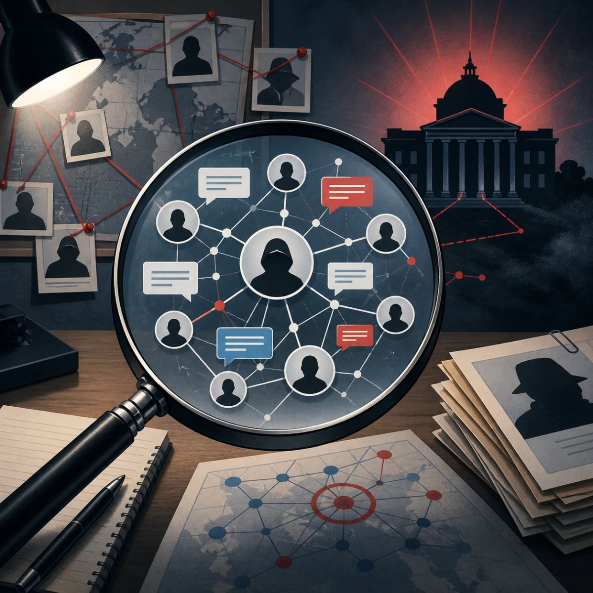 A magnifying glass tracing anonymous social posts back to a fabricated institution