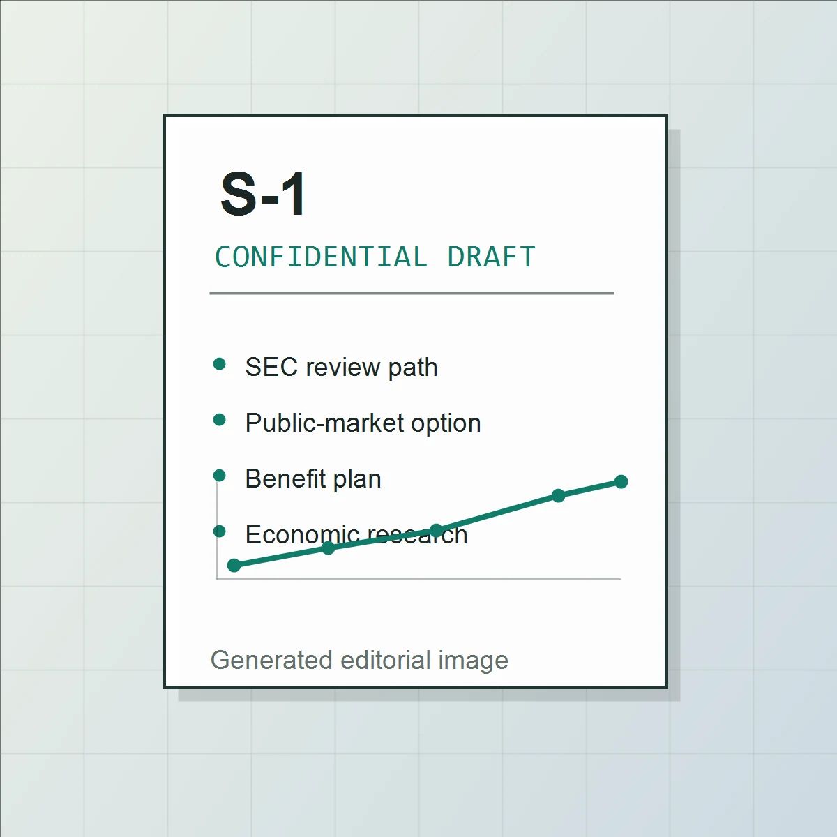 Generated editorial image of a confidential S-1 filing card with public-market and research milestones