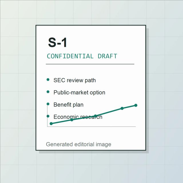 Generated editorial image of a confidential S-1 filing card with public-market and research milestones