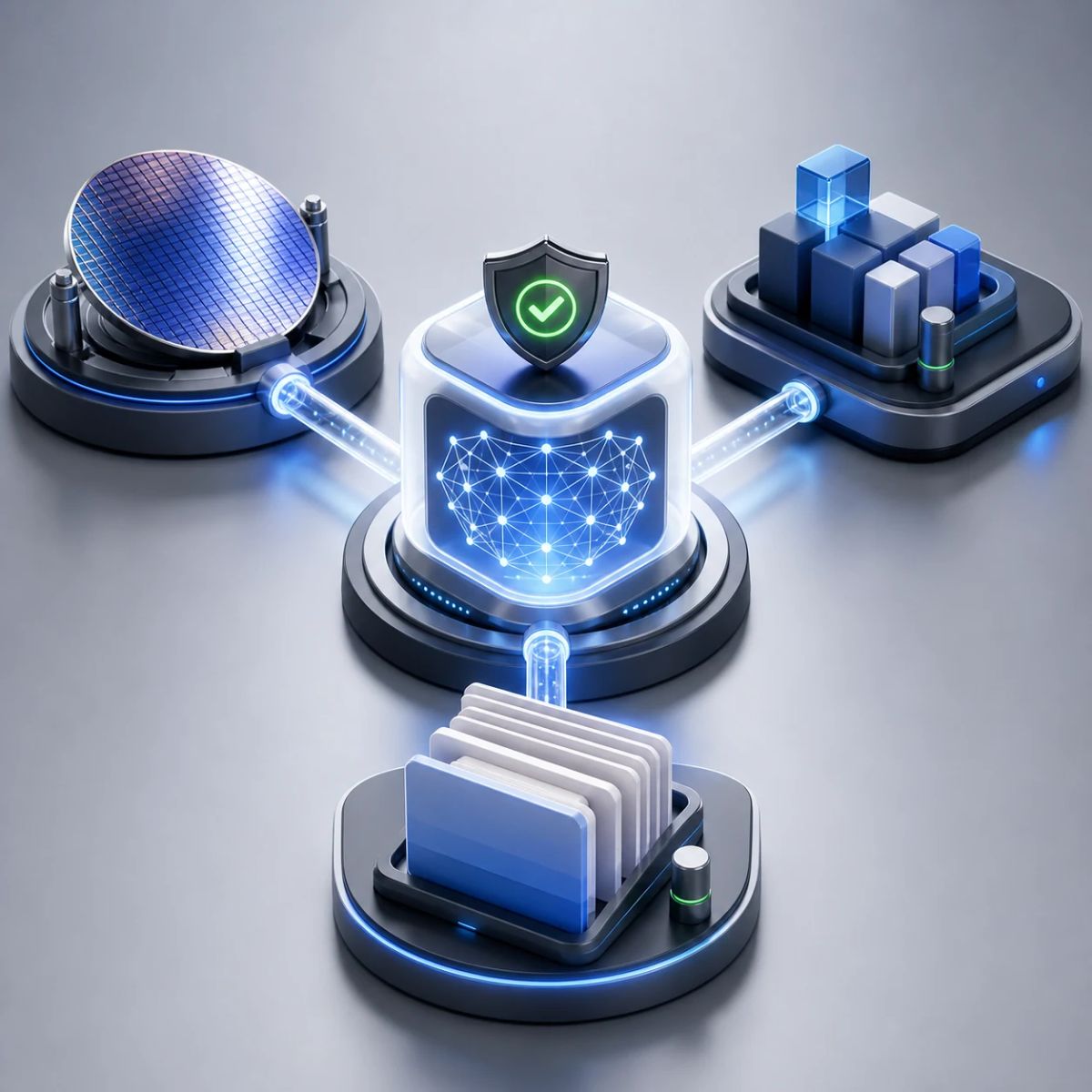 A secure enterprise AI hub links a semiconductor wafer, document stack, and abstract software workflow