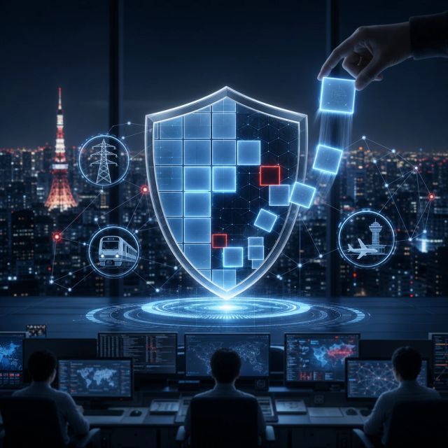 A digital shield around critical infrastructure symbols with glowing repair tiles closing security gaps