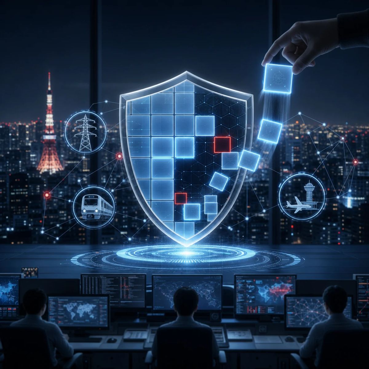 A digital shield around critical infrastructure symbols with glowing repair tiles closing security gaps