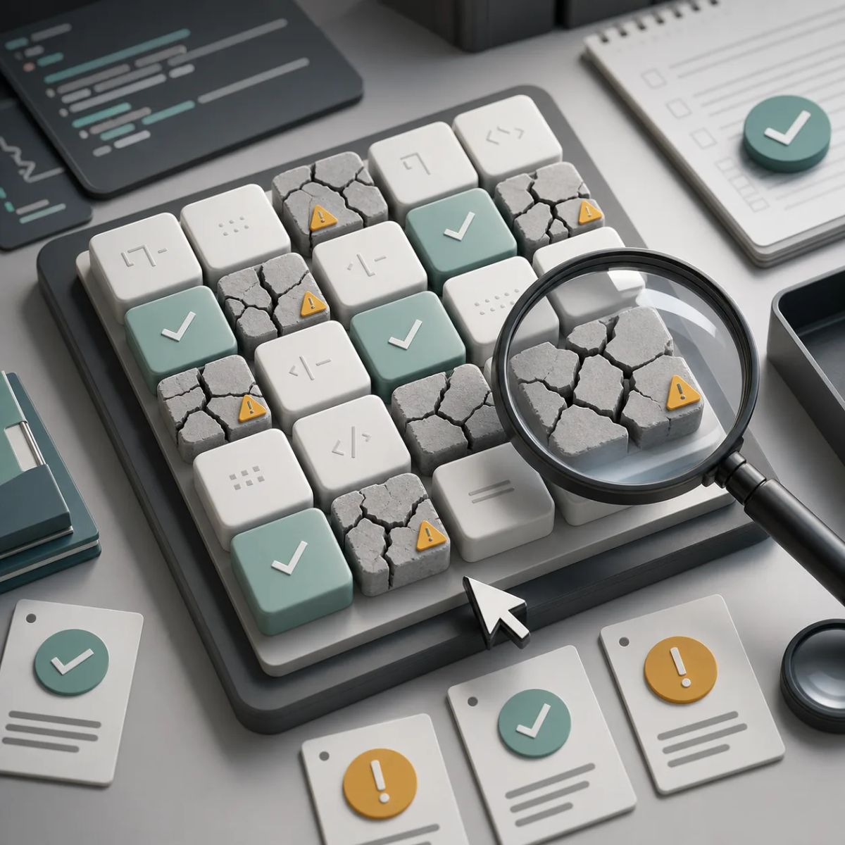 A coding benchmark grid is inspected with several task blocks cracked or flagged