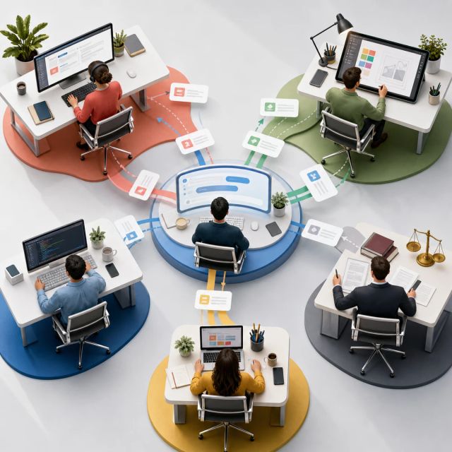 Work roles exchange tasks through a ChatGPT analysis layer showing marketing, engineering, finance, legal, and support work moving across boundaries