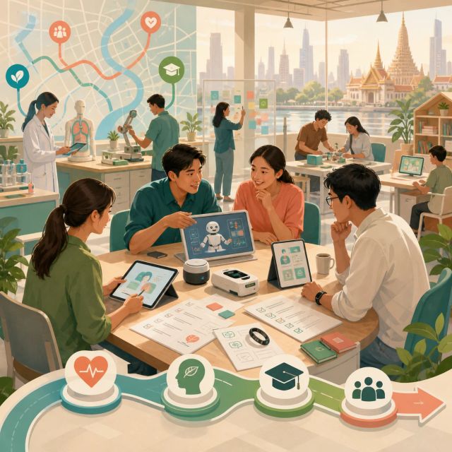 Startup teams testing health and education AI prototypes on workbenches connected to a Bangkok city map