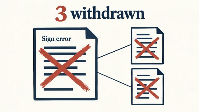Illustration of three crossed-out manuscript sheets, with a sheet labeled Sign error connected to two dependent sheets under the words 3 withdrawn