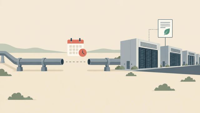 Illustration of an incomplete gas pipeline leading toward a row of data center buildings