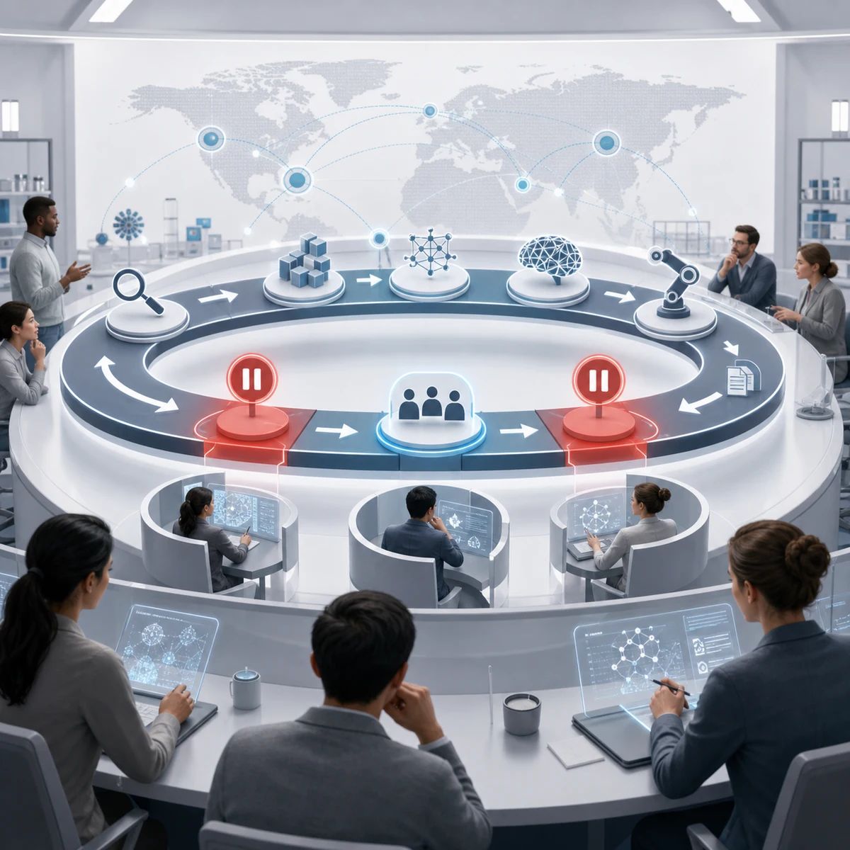 A control room timeline slows an automated AI research loop while policy, safety, and lab teams watch shared monitors