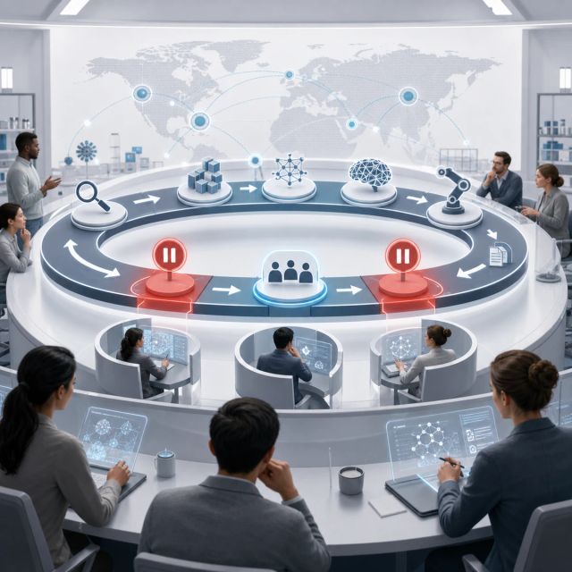 A control room timeline slows an automated AI research loop while policy, safety, and lab teams watch shared monitors