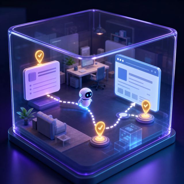 A simulated office workflow contains agent paths, browser windows, and evaluation checkpoints