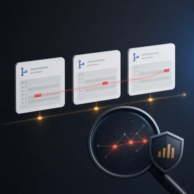 A sequence of pull request tiles is connected by a hidden red thread under a monitoring lens