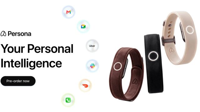 Persona promotional graphic showing brown, black and cream wearable bands beside app icons