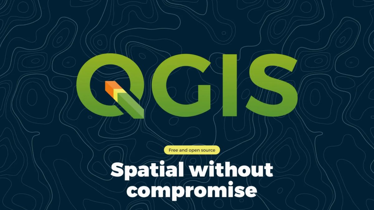 Green QGIS logo above the words Spatial without compromise on a dark background with contour lines
