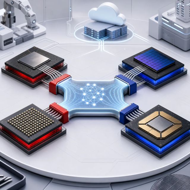 A shared software bridge routes AI workloads across CPU, GPU, NPU, and custom ASIC chips