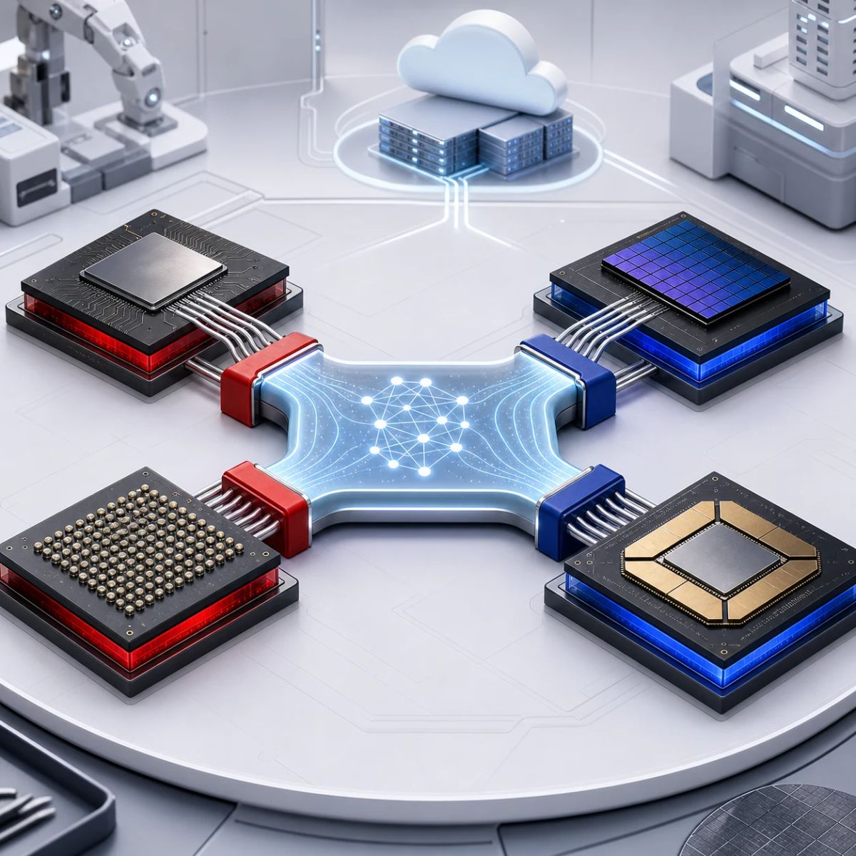 A shared software bridge routes AI workloads across CPU, GPU, NPU, and custom ASIC chips