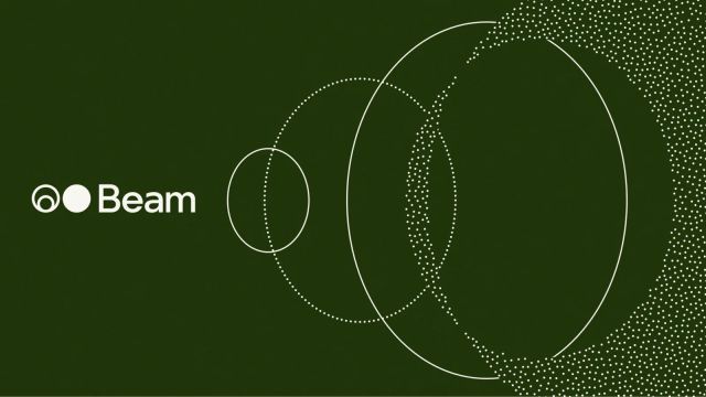 Beam lettering beside overlapping white rings and dots on a dark green background