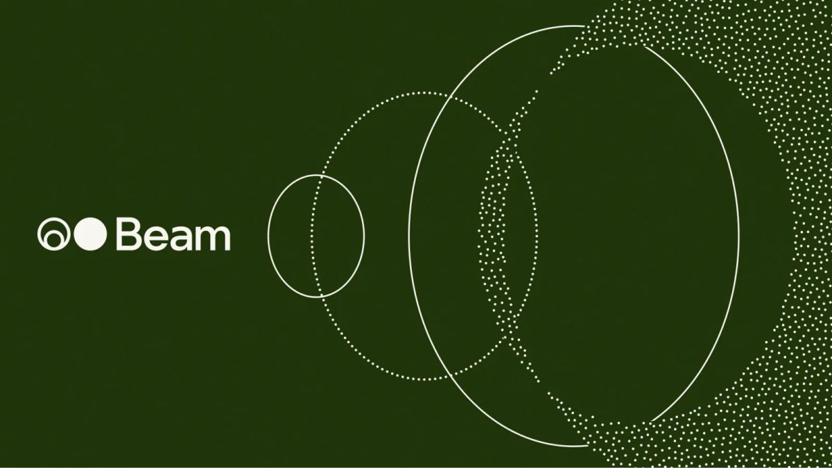 Beam lettering beside overlapping white rings and dots on a dark green background